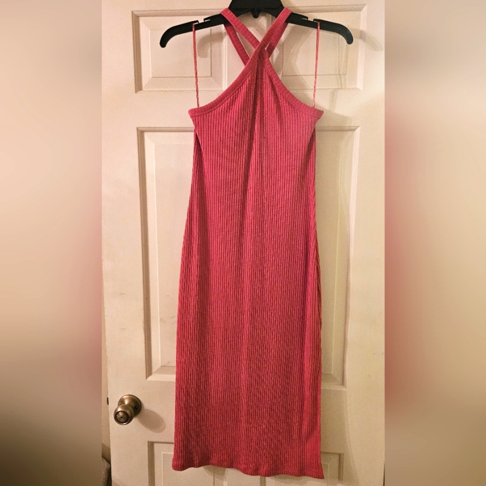 Vibrant Pink Dress Swimsuit Cover Women Size P/M Criss Cross Halter Style Midi